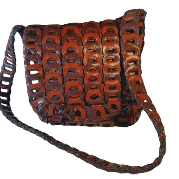 Unisex Woven Large Flap Brown Leather Boho Satchel Crossbody Message Bag - Picture 1 of 7